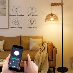 Floor Lamp for Living Room with 3 Color Temperatures and Stepless Dimmer, Smart Floor Lamp with Remote Control & APP, Tall Standing Lamp with Rattan Lampshade, Farmhouse Floor Lamps for Bedroom Office