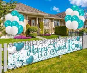 sweet 16 party decorations teal 16th birthday decorations happy sweet 16 banner teal white balloons larger yard sign banner outdoor lawn birthday party supplies