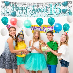 Sweet 16 Party Decorations Teal 16th Birthday Decorations Happy Sweet 16 Banner Teal White Balloons Larger Yard Sign Banner Outdoor Lawn Birthday Party Supplies