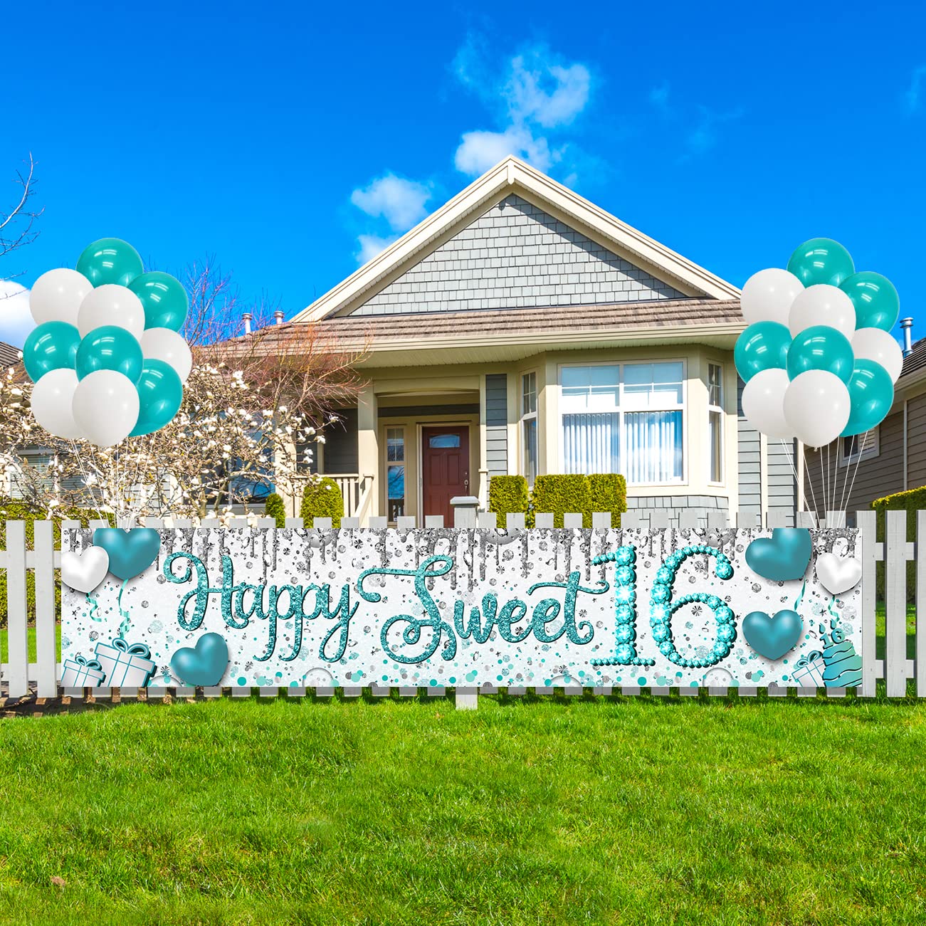 Sweet 16 Party Decorations Teal 16th Birthday Decorations Happy Sweet 16 Banner Teal White Balloons Larger Yard Sign Banner Outdoor Lawn Birthday Party Supplies