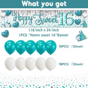 Sweet 16 Party Decorations Teal 16th Birthday Decorations Happy Sweet 16 Banner Teal White Balloons Larger Yard Sign Banner Outdoor Lawn Birthday Party Supplies