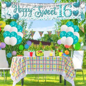 Sweet 16 Party Decorations Teal 16th Birthday Decorations Happy Sweet 16 Banner Teal White Balloons Larger Yard Sign Banner Outdoor Lawn Birthday Party Supplies