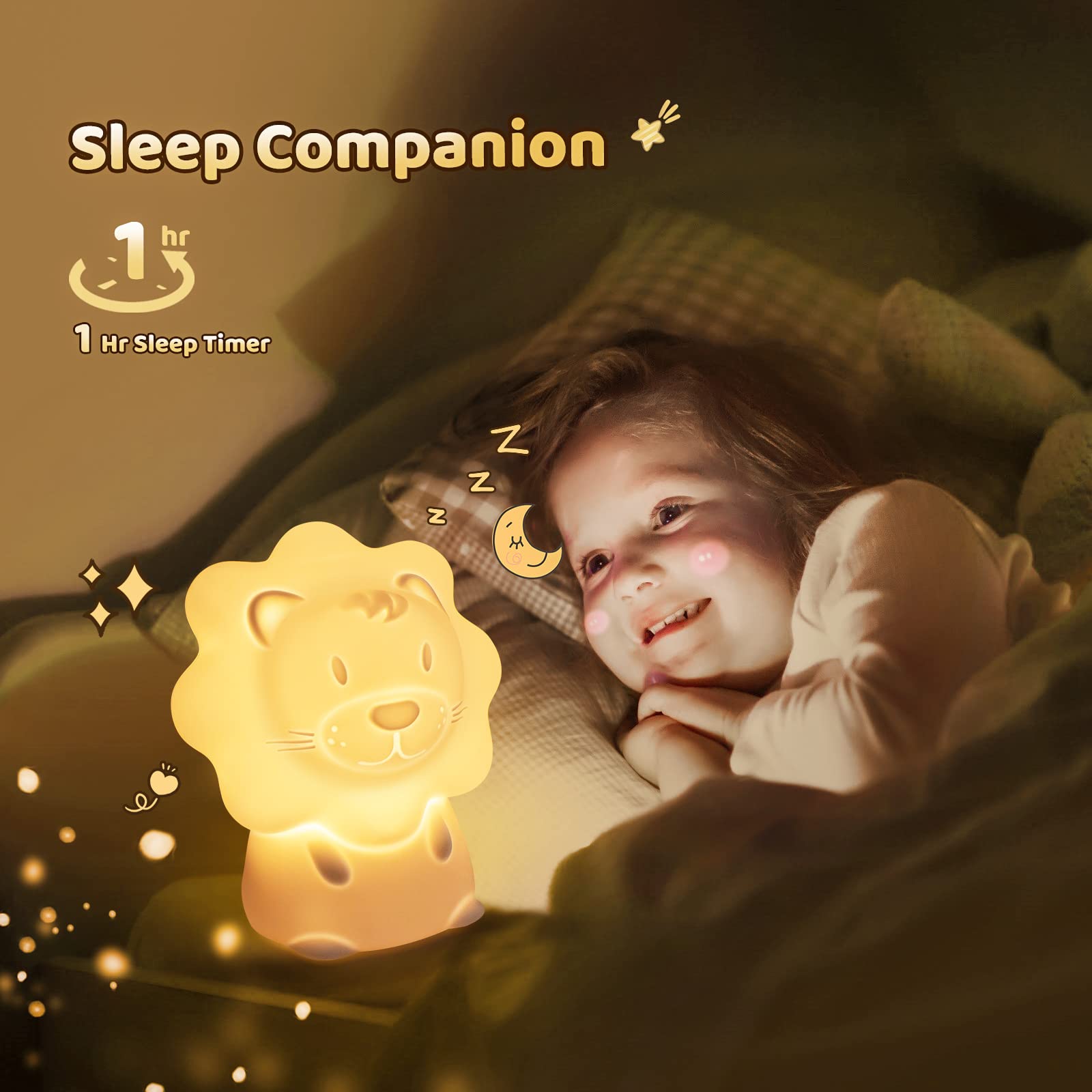 ONEWISH Night Light for Kids - Portable Cute Lion Baby Night Light, Silicone Nursery Lamp with 7-Color Breathing Modes, Nightlight with Timer, for Toddler Baby Kids Teens, Thanksgiving Gift, Christmas