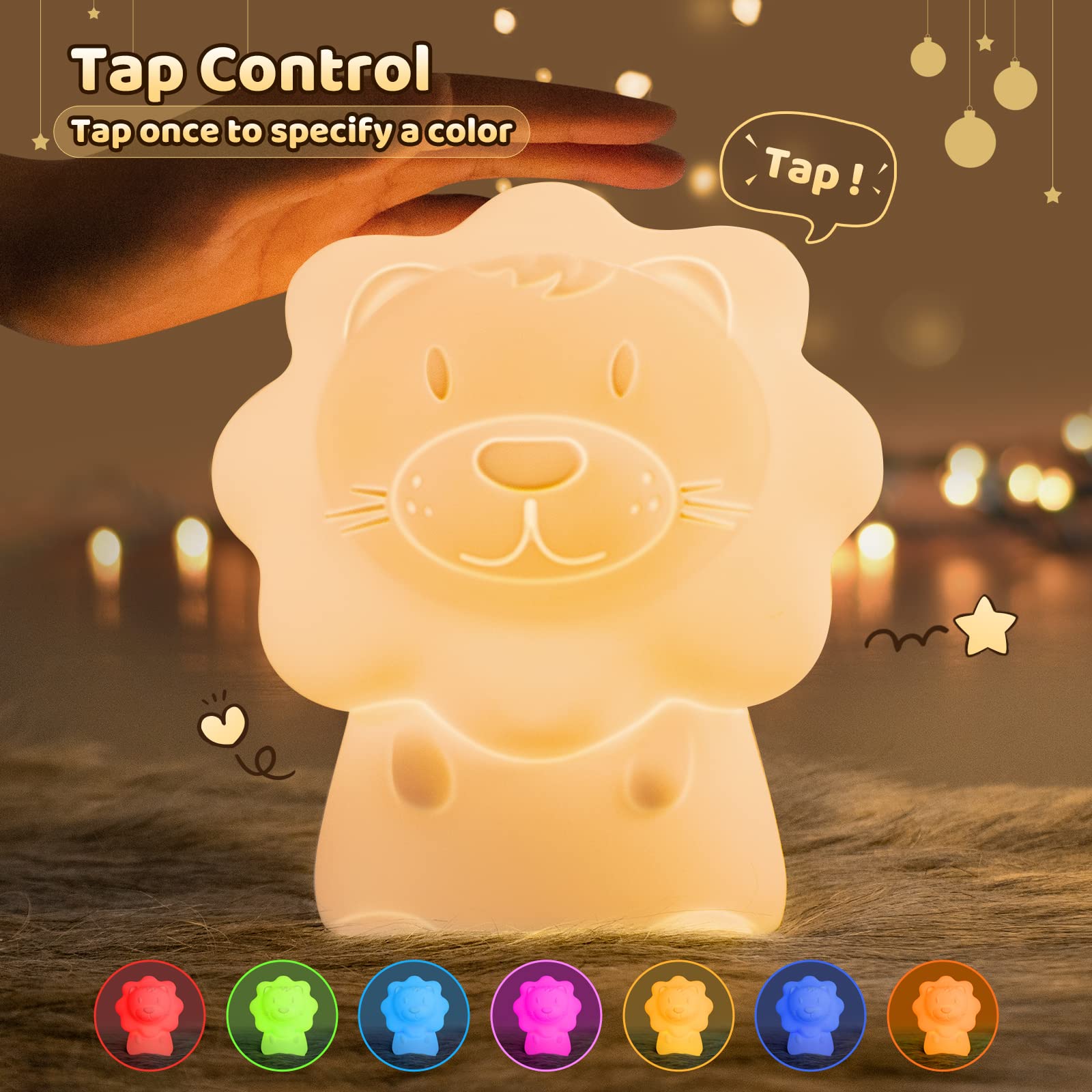 ONEWISH Night Light for Kids - Portable Cute Lion Baby Night Light, Silicone Nursery Lamp with 7-Color Breathing Modes, Nightlight with Timer, for Toddler Baby Kids Teens, Thanksgiving Gift, Christmas