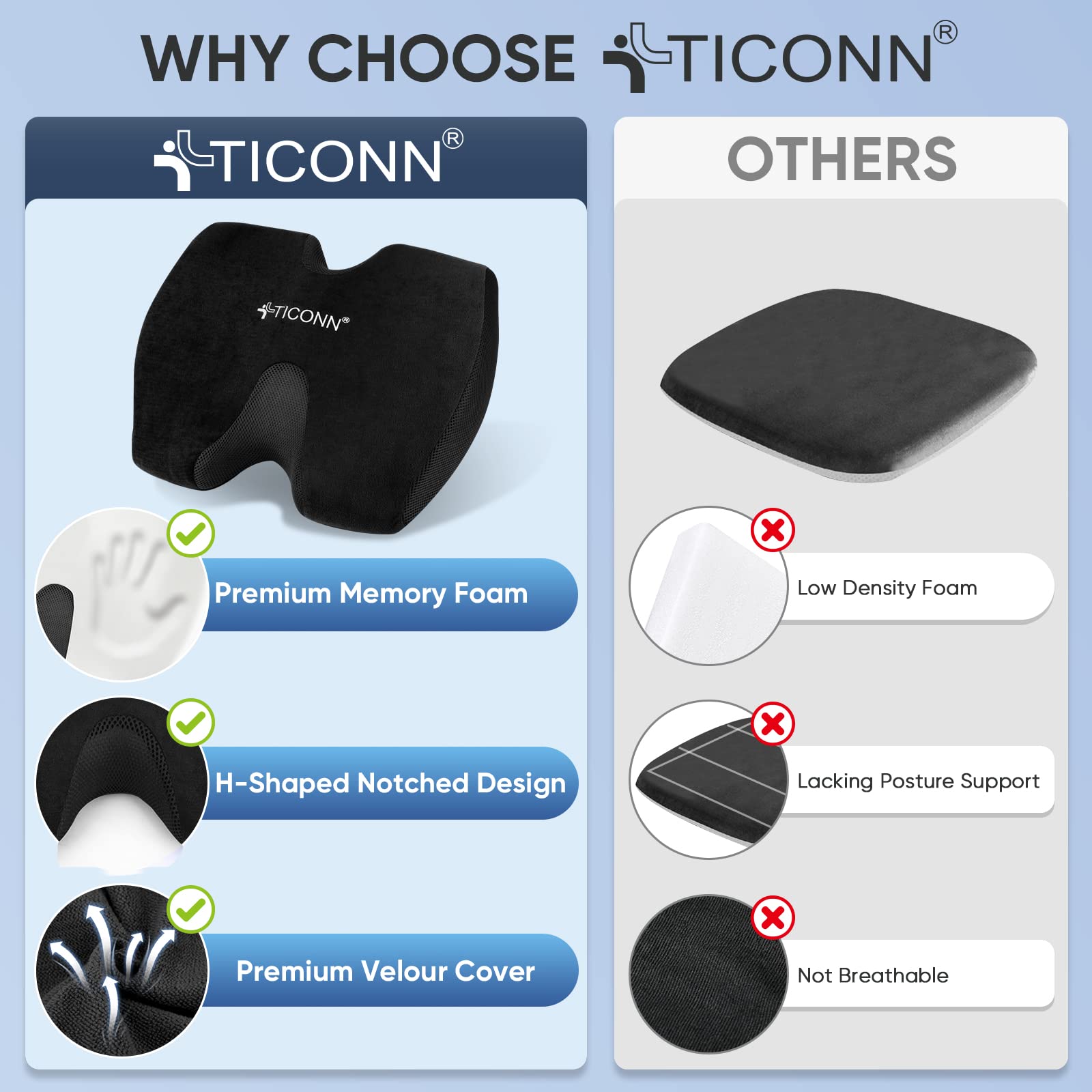 TICONN Memory Foam Seat Cushion, Office Chair Cushion Butt Pillow for Long Sitting (Black)