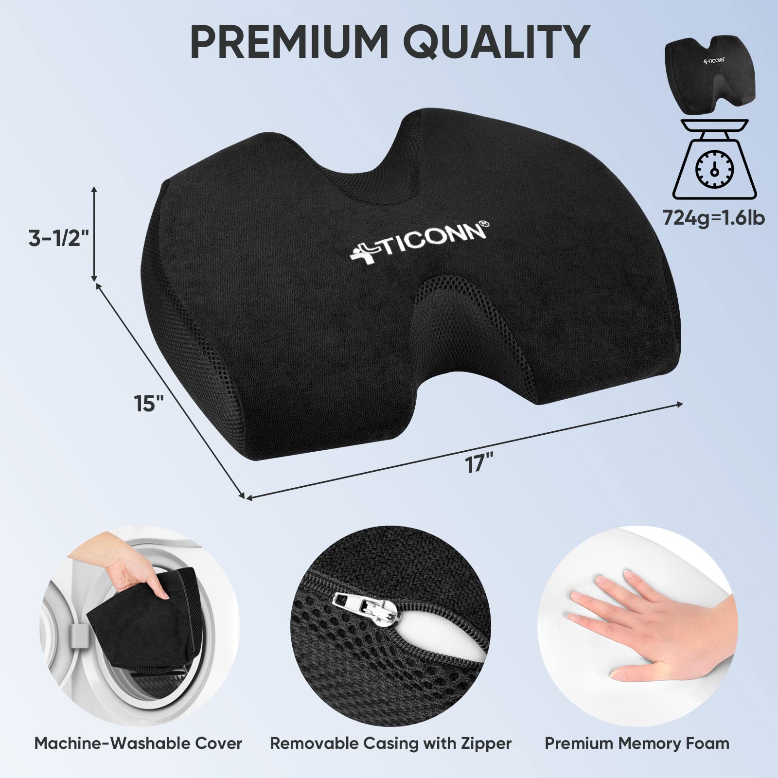 TICONN Memory Foam Seat Cushion, Office Chair Cushion Butt Pillow for Long Sitting (Black)