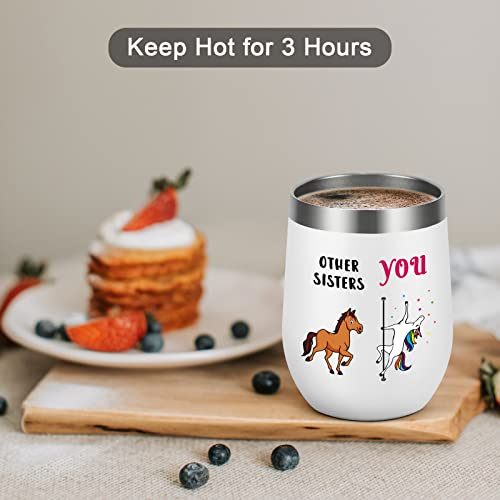 Gingprous Sister Gifts for Sister, Other Sisters You Unicorn Insulated Wine Tumbler with Lid, Unique Birthday Gifts Christmas Gifts for Elder Sister Little Sister Bestie Sister In Law Bff, 12oz, White