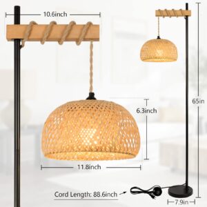 Stepeak Boho Floor Lamp with Remote, Farmhouse Dimmable Rattan Standing Lamp with Smart Blub, Bamboo Lampshade, App Control, Wood Black Tall Lamp for Living Room Bedroom Office, 9W LED Bulb Included