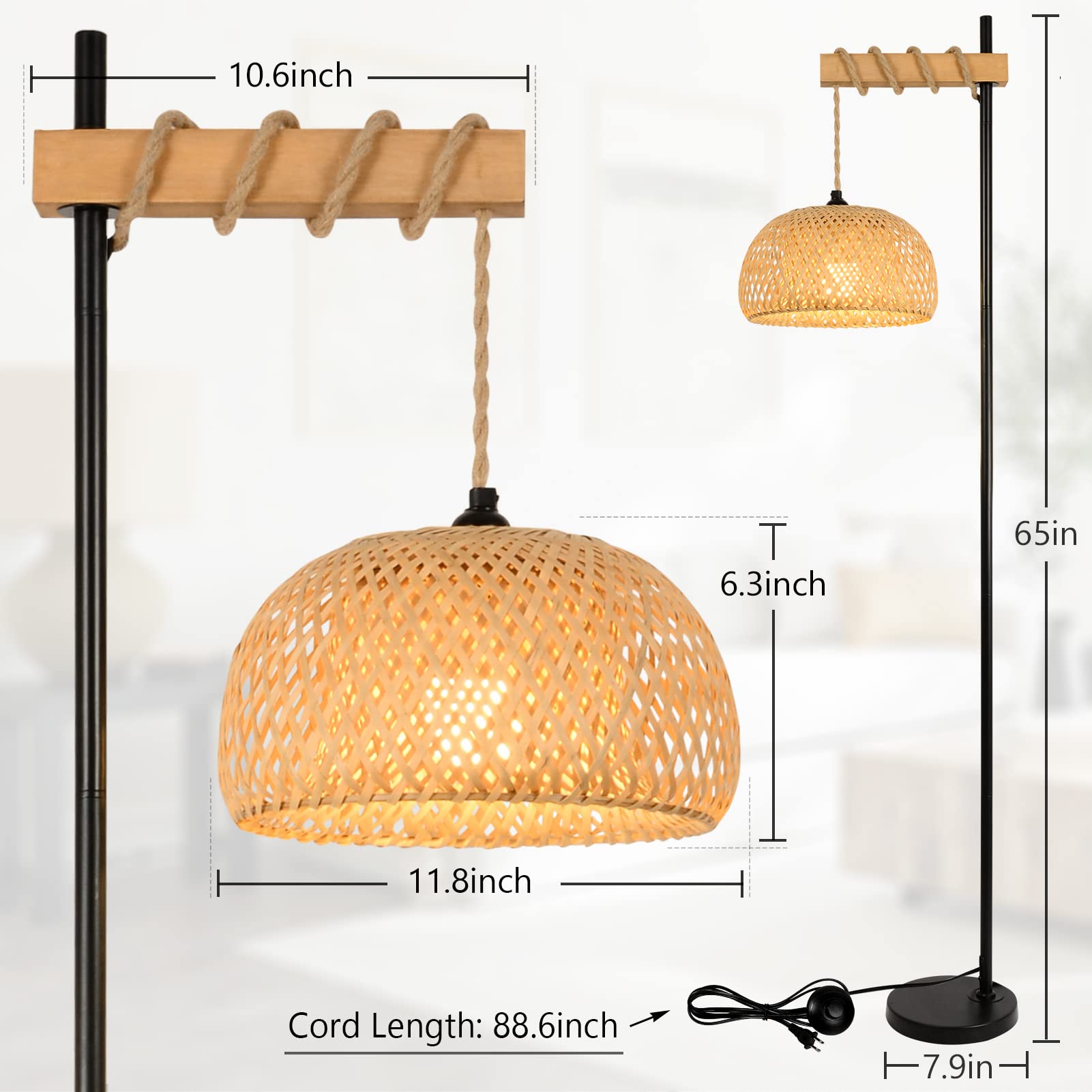 Stepeak Boho Floor Lamp with Remote, Farmhouse Dimmable Rattan Standing Lamp with Smart Blub, Bamboo Lampshade, App Control, Wood Black Tall Lamp for Living Room Bedroom Office, 9W LED Bulb Included