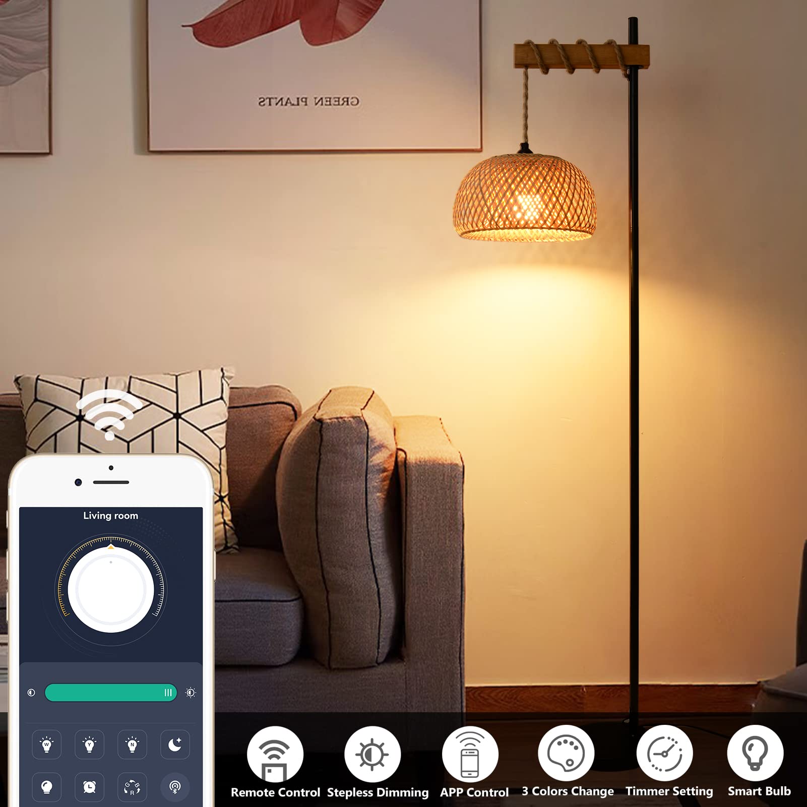 Stepeak Boho Floor Lamp with Remote, Farmhouse Dimmable Rattan Standing Lamp with Smart Blub, Bamboo Lampshade, App Control, Wood Black Tall Lamp for Living Room Bedroom Office, 9W LED Bulb Included