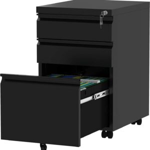 3 Drawer Mobile File Cabinet with Lock, Under Desk Metal Filing Cabinet for Legal/Letter/A4 File, Fully Assembled Except Wheels, Black