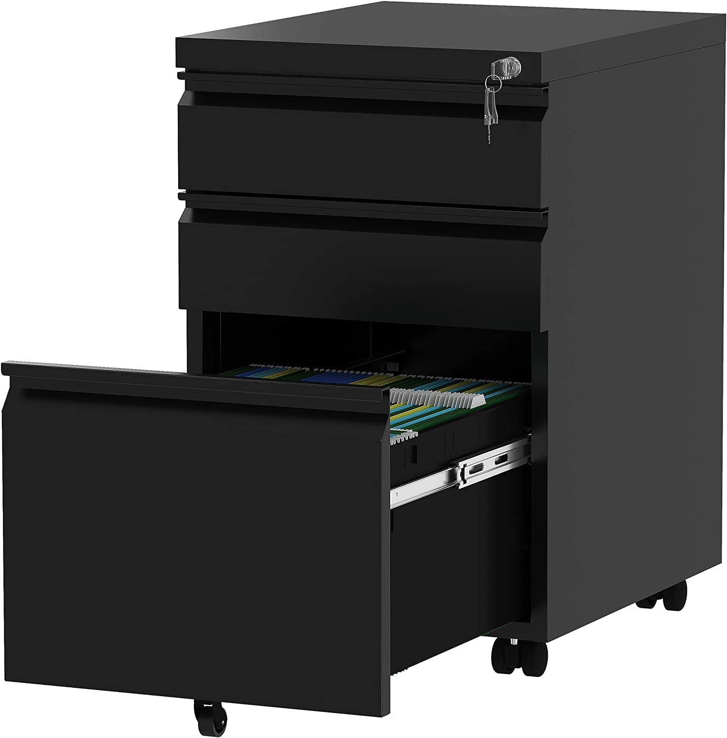 3 Drawer Mobile File Cabinet with Lock, Under Desk Metal Filing Cabinet for Legal/Letter/A4 File, Fully Assembled Except Wheels, Black