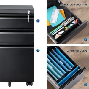 3 Drawer Mobile File Cabinet with Lock, Under Desk Metal Filing Cabinet for Legal/Letter/A4 File, Fully Assembled Except Wheels, Black