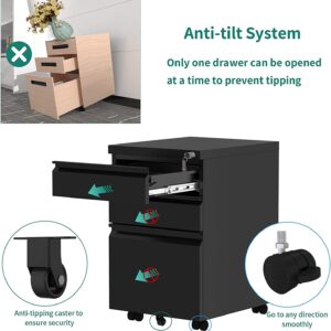 3 Drawer Mobile File Cabinet with Lock, Under Desk Metal Filing Cabinet for Legal/Letter/A4 File, Fully Assembled Except Wheels, Black