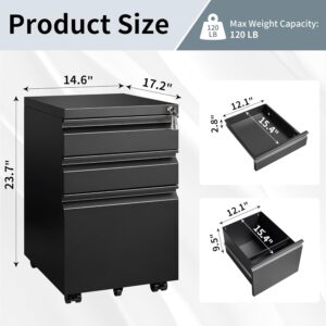 3 Drawer Mobile File Cabinet with Lock, Under Desk Metal Filing Cabinet for Legal/Letter/A4 File, Fully Assembled Except Wheels, Black