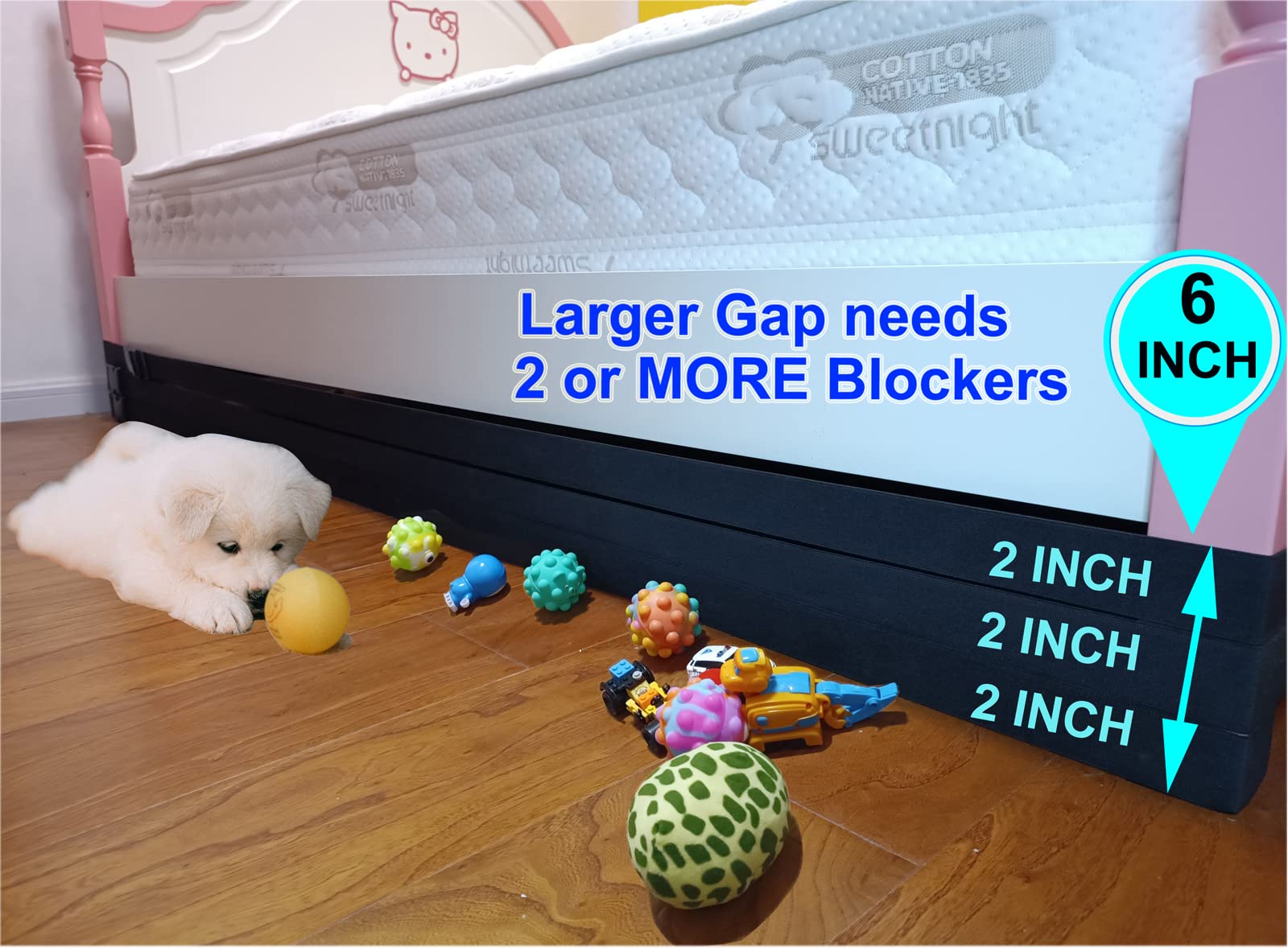 2 Pack Toy Blocker for Under Couch, Under Bed Blocker for Pets, Stop Toys from Going Under Sofa or Furniture, Adjustable Elastic Gap Bumper Stopper Guards for Bed Underneath (12Ft by 2 inch, 2pcs)