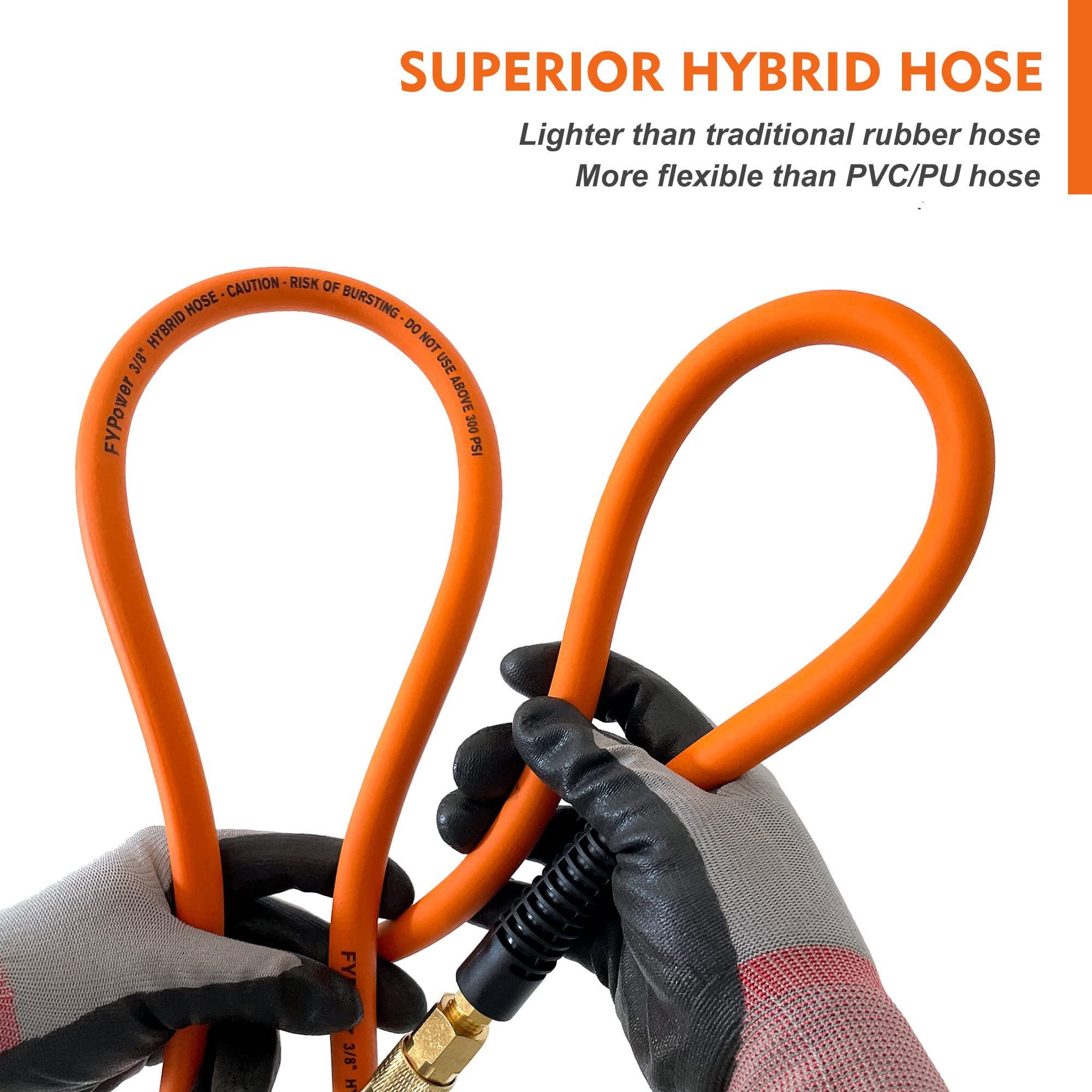 FYPower Air Compressor Hose 3/8 Inch x 50 Feet Hybrid Hose with Fittings, Flexible and Kink Resistant, 1/4" Industrial Quick Coupler and Plug Kit