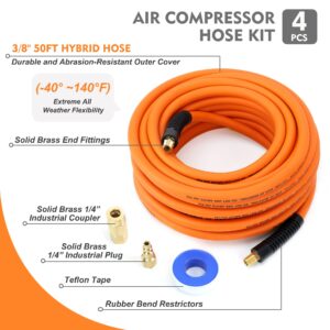 FYPower Air Compressor Hose 3/8 Inch x 50 Feet Hybrid Hose with Fittings, Flexible and Kink Resistant, 1/4" Industrial Quick Coupler and Plug Kit