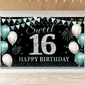 16th birthday decorations, sweet 16 birthday backdrop banner for girls boys, teal silver sweet sixteen party background, turquoise 16 birthday sign poster for outdoor indoor, fabric 6.1ft x 3ft phxey