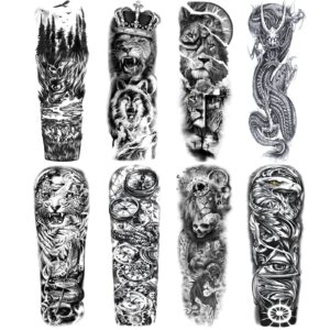 Lion Wolf Fake Tattoos Sleeve Stickers, Full Arm Dragon Animal Tribal Temporary Tattoo Sleeves For Men Women Adults, Long Lasting Large Black Eagle Leopard Temp Tattoo Leg Body Art Makeup, 8-Sheet