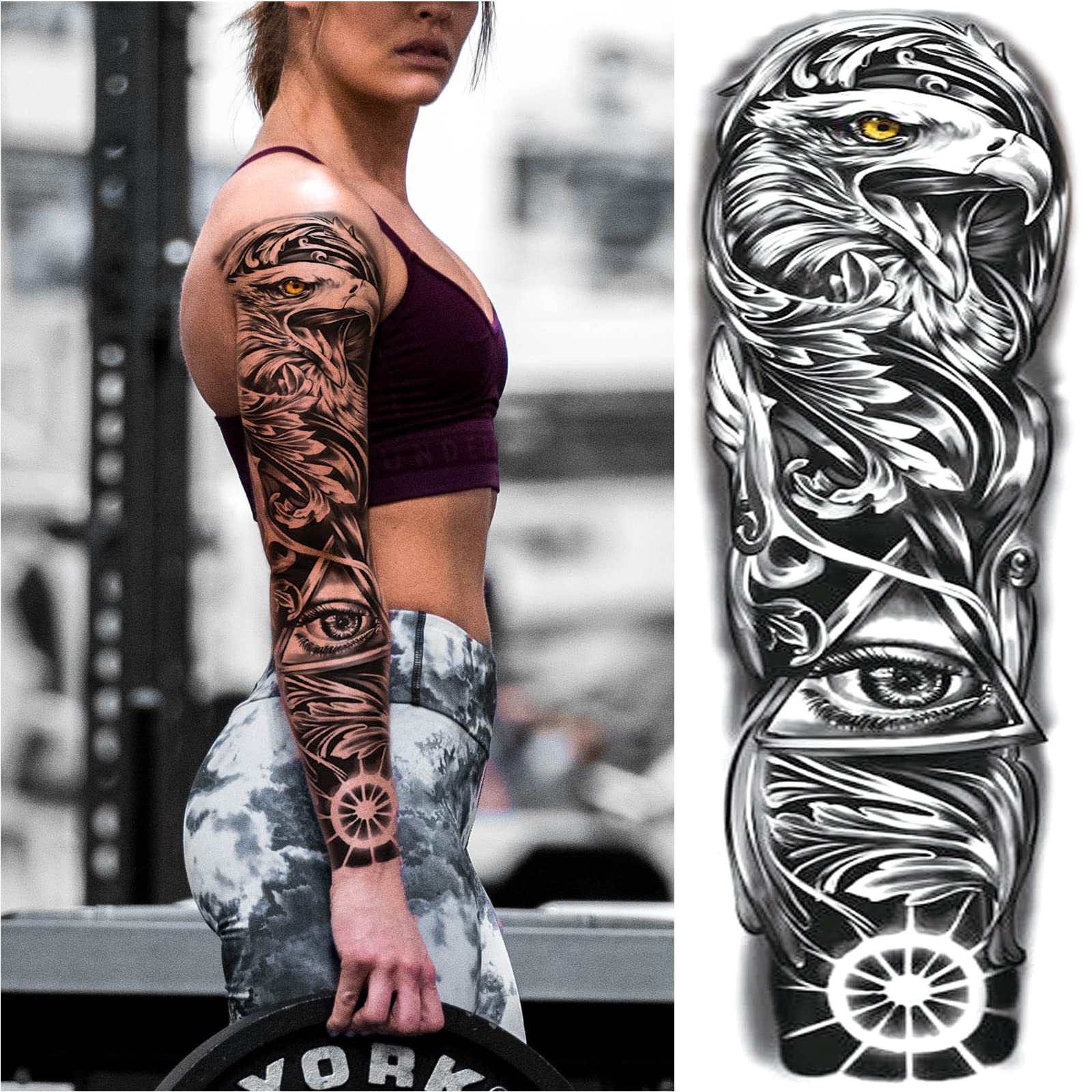 Lion Wolf Fake Tattoos Sleeve Stickers, Full Arm Dragon Animal Tribal Temporary Tattoo Sleeves For Men Women Adults, Long Lasting Large Black Eagle Leopard Temp Tattoo Leg Body Art Makeup, 8-Sheet