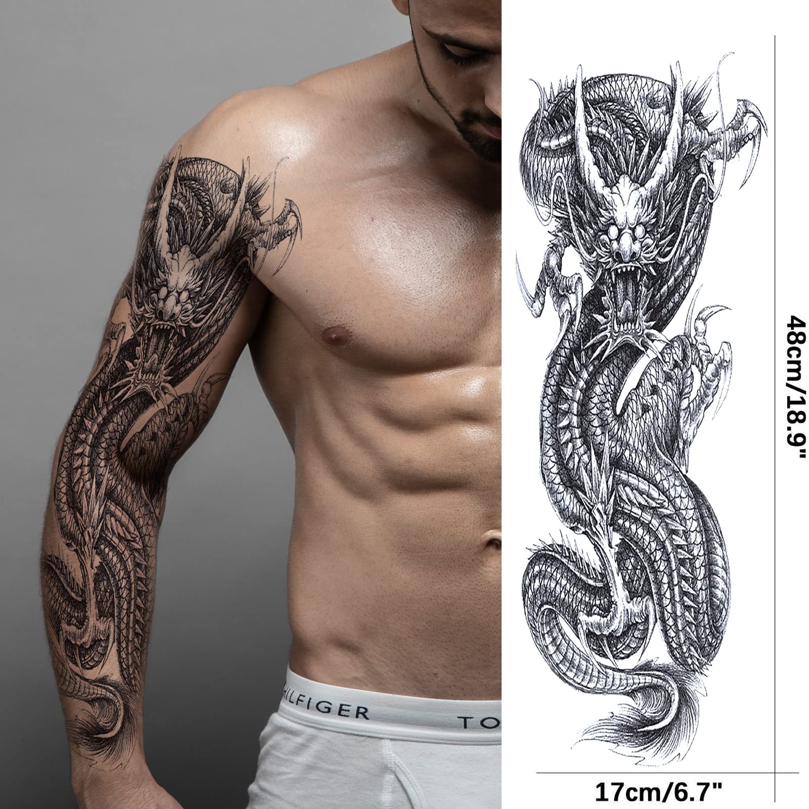 Lion Wolf Fake Tattoos Sleeve Stickers, Full Arm Dragon Animal Tribal Temporary Tattoo Sleeves For Men Women Adults, Long Lasting Large Black Eagle Leopard Temp Tattoo Leg Body Art Makeup, 8-Sheet