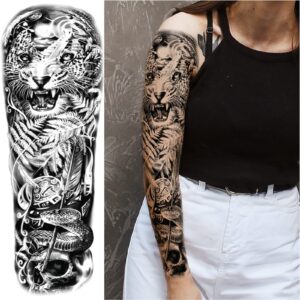 Lion Wolf Fake Tattoos Sleeve Stickers, Full Arm Dragon Animal Tribal Temporary Tattoo Sleeves For Men Women Adults, Long Lasting Large Black Eagle Leopard Temp Tattoo Leg Body Art Makeup, 8-Sheet