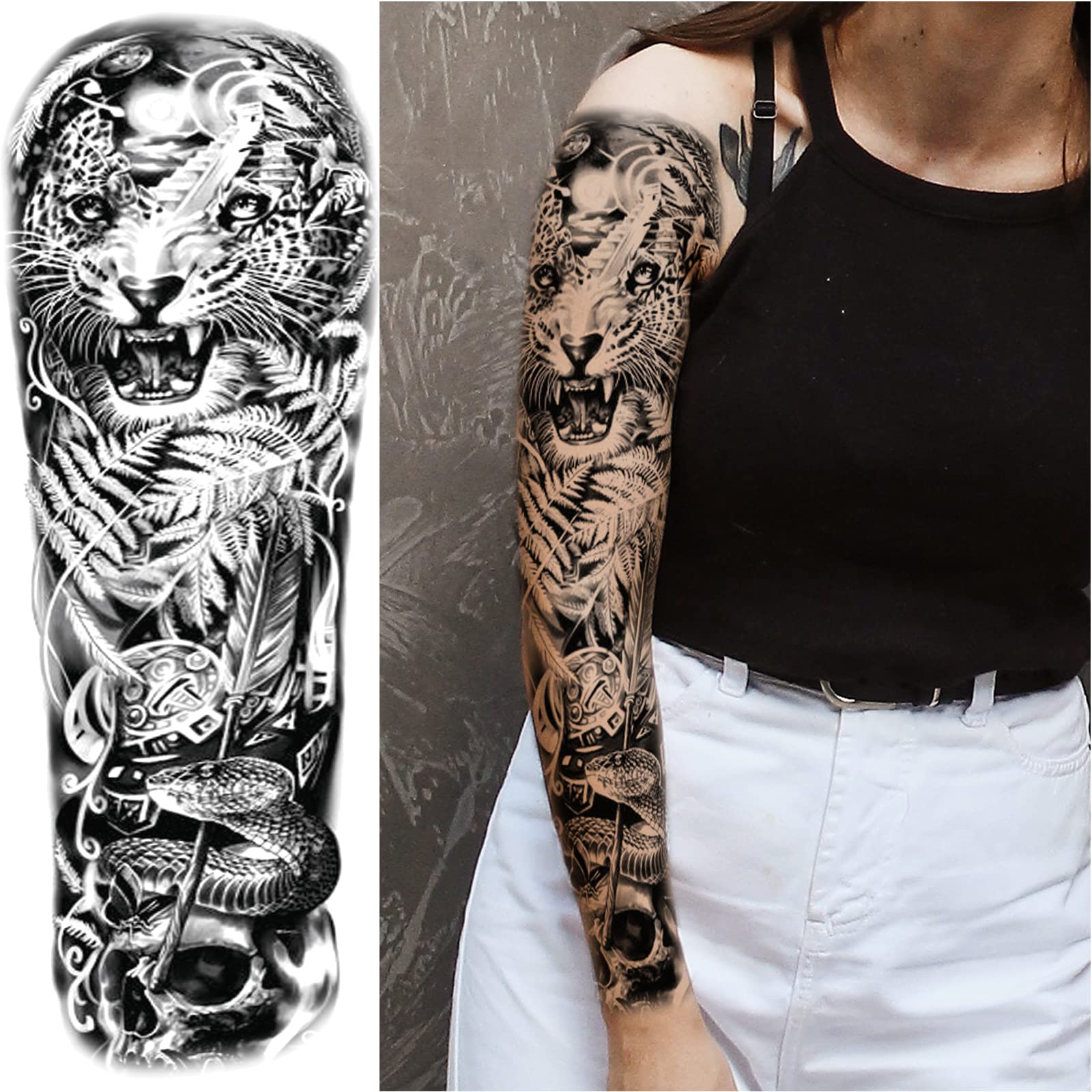 Lion Wolf Fake Tattoos Sleeve Stickers, Full Arm Dragon Animal Tribal Temporary Tattoo Sleeves For Men Women Adults, Long Lasting Large Black Eagle Leopard Temp Tattoo Leg Body Art Makeup, 8-Sheet