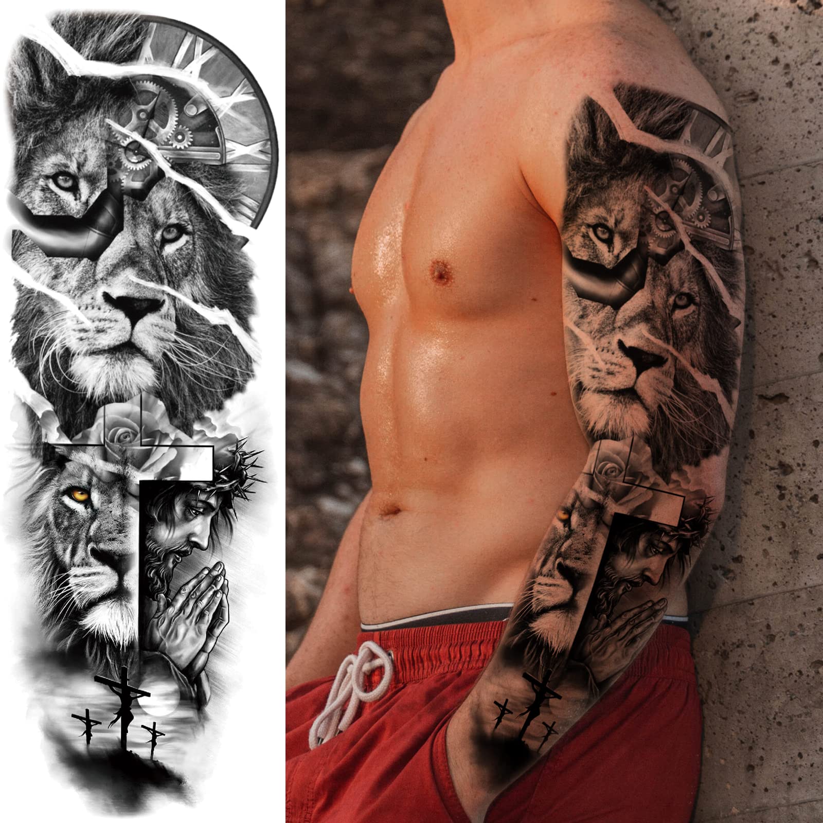 Lion Wolf Fake Tattoos Sleeve Stickers, Full Arm Dragon Animal Tribal Temporary Tattoo Sleeves For Men Women Adults, Long Lasting Large Black Eagle Leopard Temp Tattoo Leg Body Art Makeup, 8-Sheet