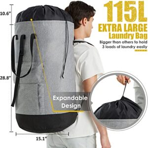 Laundry Bag for College, 115L Heavy Duty Laundry Backpack with Shoulder Straps, Large Dirty Clothes Bag for Dorm, Apartment and Laundromat, Laundry Duffle Bag for Travel, Beach, Camping, oyster grey