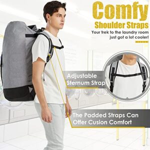 Laundry Bag for College, 115L Heavy Duty Laundry Backpack with Shoulder Straps, Large Dirty Clothes Bag for Dorm, Apartment and Laundromat, Laundry Duffle Bag for Travel, Beach, Camping, oyster grey