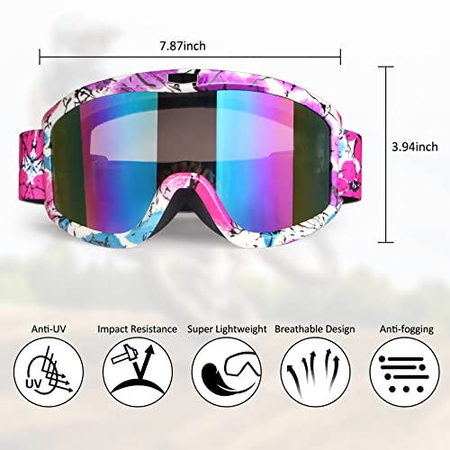 Pink ATV Goggles for Adult Dirt Bike Goggles Youth Motorcycle Goggles Kids Women Motocross Goggles MX Goggles UTV Goggles Helmet Goggles UV Protection Anti-Scratch dustproof （Pink Frame + Color Lens）…