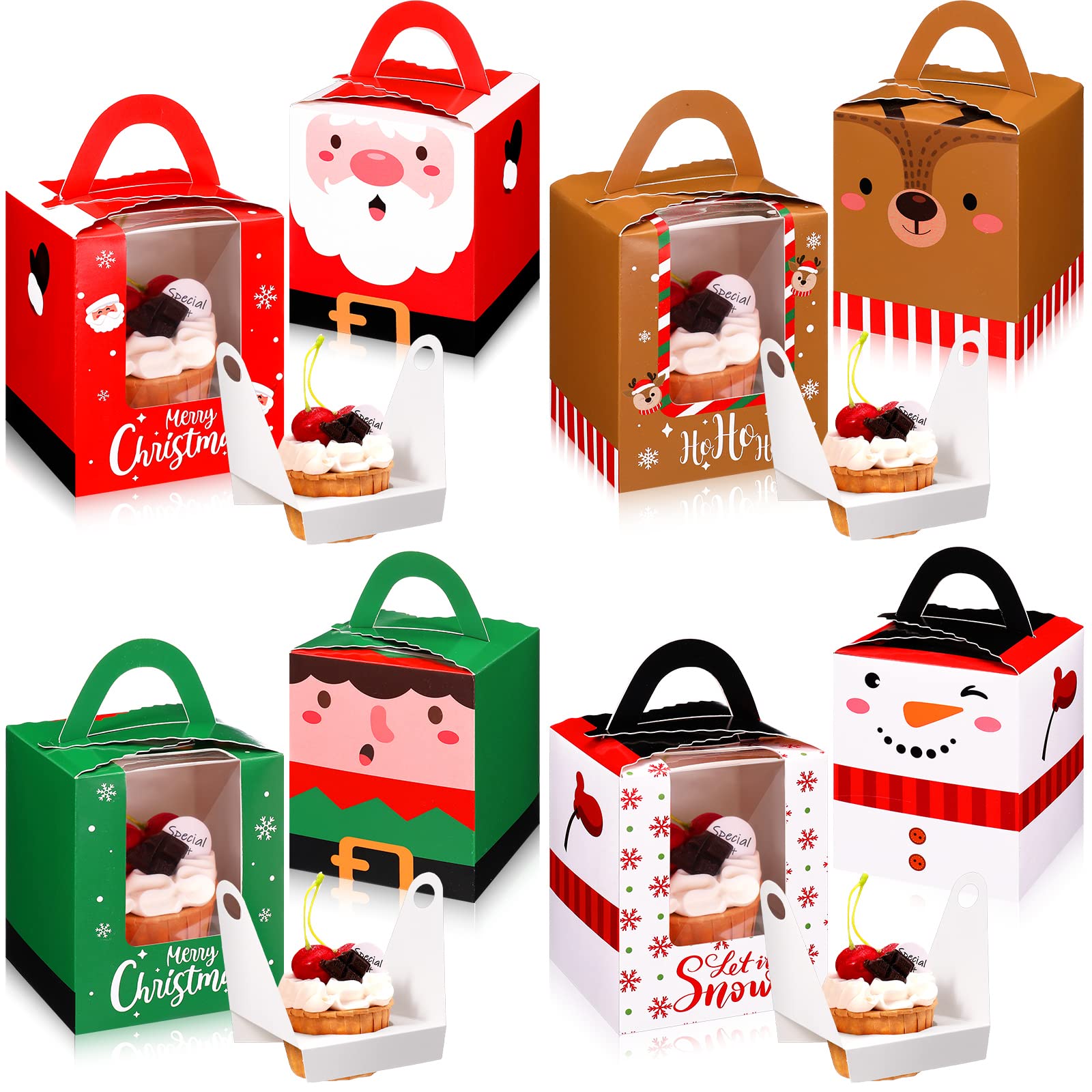 24 Pcs Christmas Cupcake Boxes Christmas Cookie Boxes with Window Insert Handle Christmas Muffin Pastry Holder Boxes Xmas Cupcake Gift Box Bakery Treat Boxes for Christmas Party (Snowman)