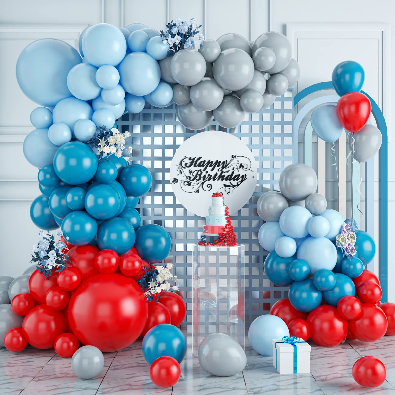 Blue Red Party Balloons, 102pcs Blue Red Balloons Garland Arch Kit, Blue Grey Red 18/12/10/5 Inch Latex Balloons for Birthday Party Baby Shower Superhero Avenger Carnival Circus Racing Car Theme