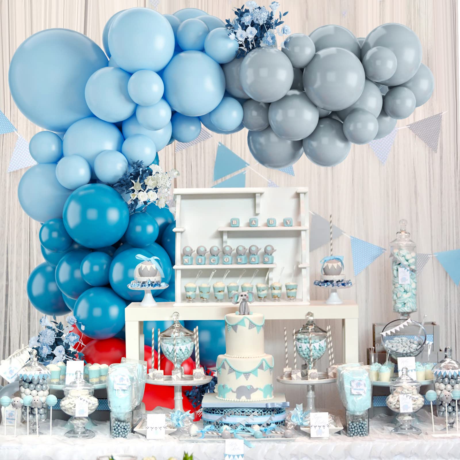 Blue Red Party Balloons, 102pcs Blue Red Balloons Garland Arch Kit, Blue Grey Red 18/12/10/5 Inch Latex Balloons for Birthday Party Baby Shower Superhero Avenger Carnival Circus Racing Car Theme