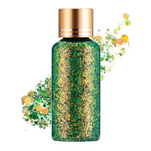 holographic body glitter gel for face, body, nail, super long lasting waterproof quick dry liquid chunky green glitter for st. patrick's day makeup accessories, 1oz (brass green)