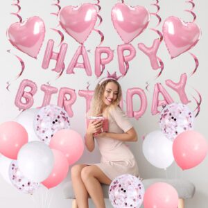 Pink Birthday Decorations for Women Girls, Happy Birthday Balloon Banner Decoration, Pink Party Decorations for 1st 13th 16th 21st 30th 40th 50th 60th 70th Birthday Party Supplies