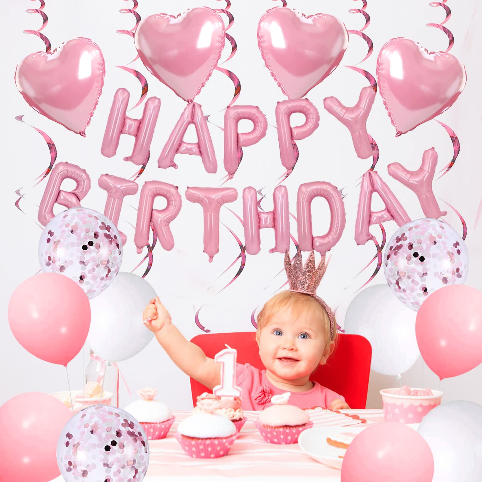 Pink Birthday Decorations for Women Girls, Happy Birthday Balloon Banner Decoration, Pink Party Decorations for 1st 13th 16th 21st 30th 40th 50th 60th 70th Birthday Party Supplies