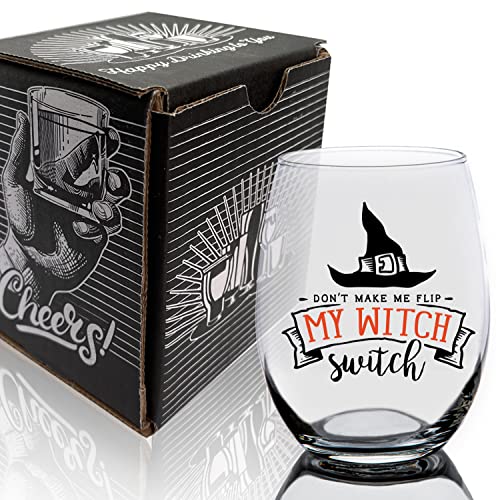Toasted Tales Don't Make Me Flip My Witch Switch | Halloween Glass | Spooky Glass Tumbler | Novelty Gifts For Her | Halloween Glass Witches Wine Glasses | Hocus Pocus Stemless Glass
