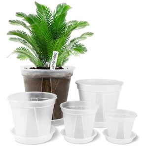 greenpara transparent plastic garden pots planter with saucer 4/5 /6/7 /8 inch plant pot nursery pots drainage hole for house plants, herb, flowers, and cactus with 10pcs plant labels, 5-set