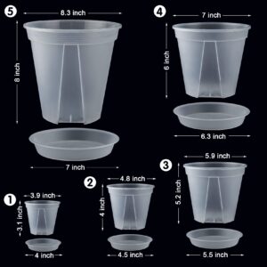 GREENPARA Transparent Plastic Garden Pots Planter with Saucer 4/5 /6/7 /8 inch Plant Pot Nursery Pots Drainage Hole for House Plants, Herb, Flowers, and Cactus with 10pcs Plant Labels, 5-Set