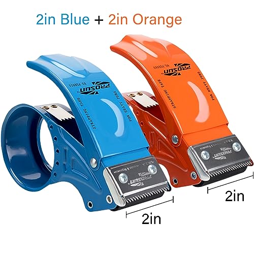 PROSUN 2 Pack Metal Packing Tape Dispenser Gun: 2-inch Wide Tape dispensers/3-Inch Inner Paper Core(2"Orange+2"Blue)