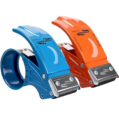 PROSUN 2 Pack Metal Packing Tape Dispenser Gun: 2-inch Wide Tape dispensers/3-Inch Inner Paper Core(2"Orange+2"Blue)