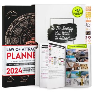 law of attraction planner 2024 - dated 2024 planner, hourly planner, daily planner, weekly planner & monthly planner, gratitude journal, positive habit maker, vision board, stickers & gift box