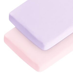 crib sheets girl, baby crib sheets for standard crib mattress & toddler bed mattress, snug fit breathable soft fitted crib sheet (28''x 52''x 8''), crib sheets for baby girl 2 pack pink & purple