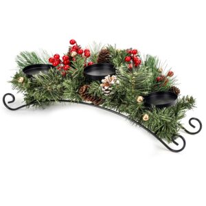 christmas centerpiece table decorations, includes 3 stainless steel candle holders trays with artificial pine cones, berries and pine leaves decor table candelabrum for dinning 22''*9.8''*5.1''(l*w*h)