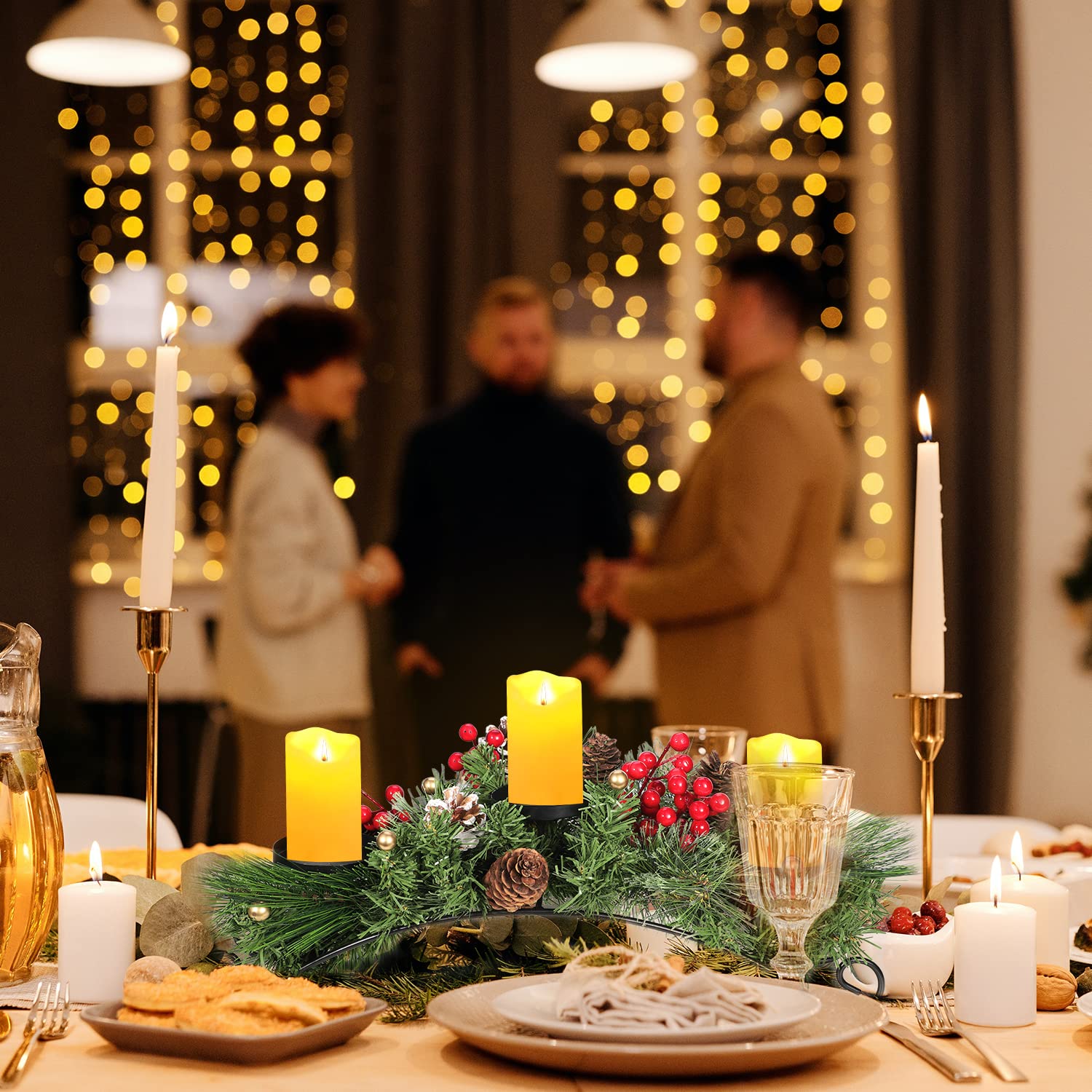 Christmas Centerpiece Table Decorations, Includes 3 Stainless Steel Candle Holders Trays with Artificial Pine Cones, Berries and Pine Leaves Decor Table Candelabrum for Dinning 22''*9.8''*5.1''(L*W*H)