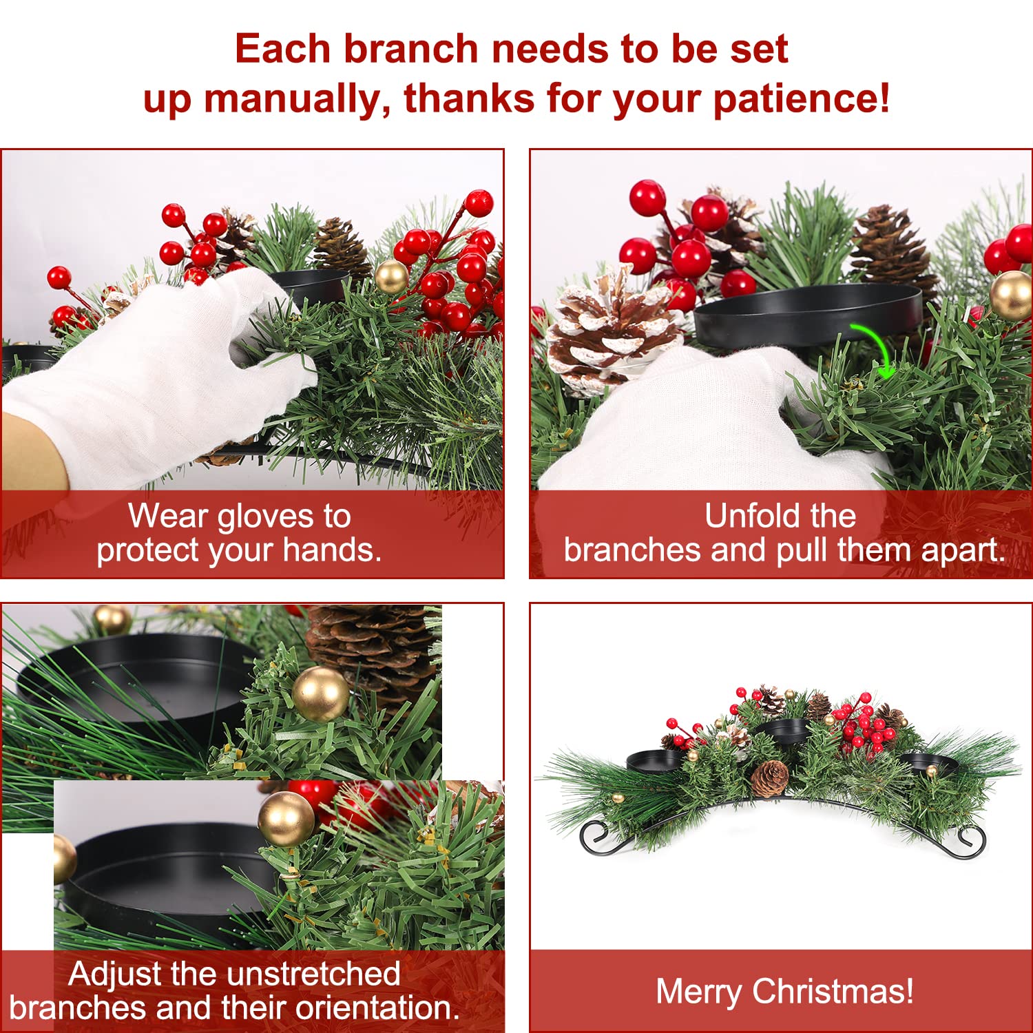 Christmas Centerpiece Table Decorations, Includes 3 Stainless Steel Candle Holders Trays with Artificial Pine Cones, Berries and Pine Leaves Decor Table Candelabrum for Dinning 22''*9.8''*5.1''(L*W*H)