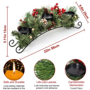 Christmas Centerpiece Table Decorations, Includes 3 Stainless Steel Candle Holders Trays with Artificial Pine Cones, Berries and Pine Leaves Decor Table Candelabrum for Dinning 22''*9.8''*5.1''(L*W*H)