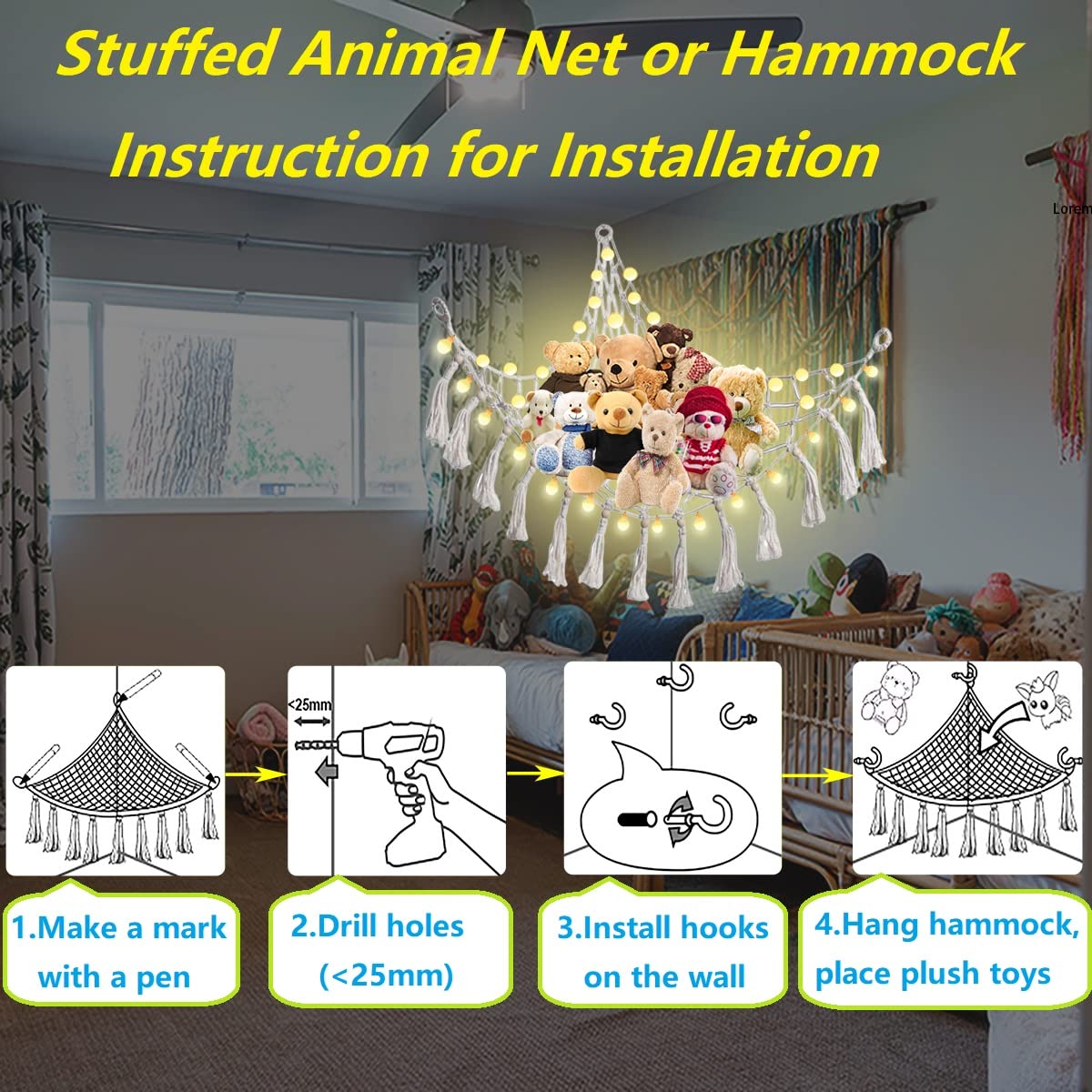 POTWIY Stuffed Animal Net or Hammock with Boho Tassel Toy Hammock, Macrame Net for Stuffed Animals Storage Teddy Bear Nets, Plush Toy Hanging Net for Nursery, Play Room, Kids Bedroom